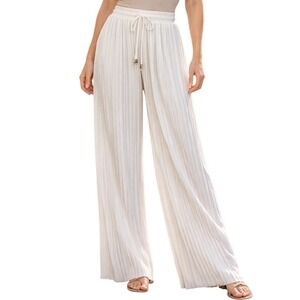Style One Sheer White Pleated Cropped Wide Leg Palazzo Pant Drawstring Size L/XL